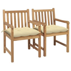 Chaises de jardin lot de 2 et coussins blanc crème Bois de teck 
