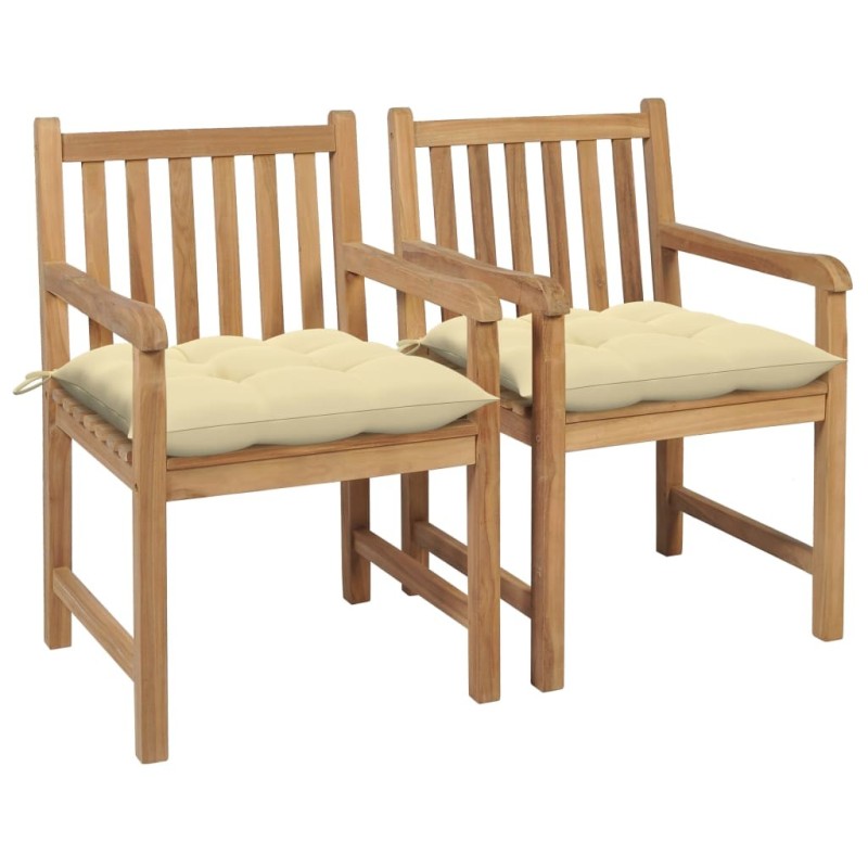 Chaises de jardin lot de 2 et coussins blanc crème Bois de teck 