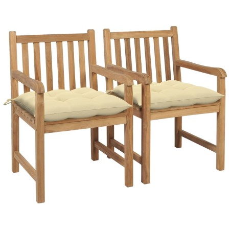 Chaises de jardin lot de 2 et coussins blanc crème Bois de teck 