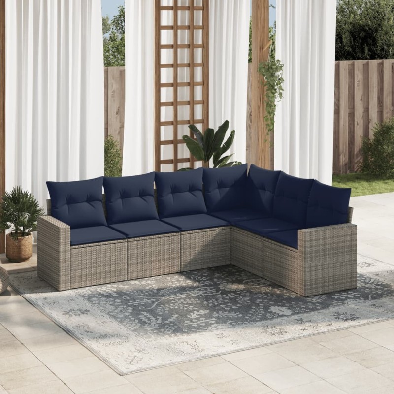 Salon de jardin 6 pcs avec coussins gris résine tressée 