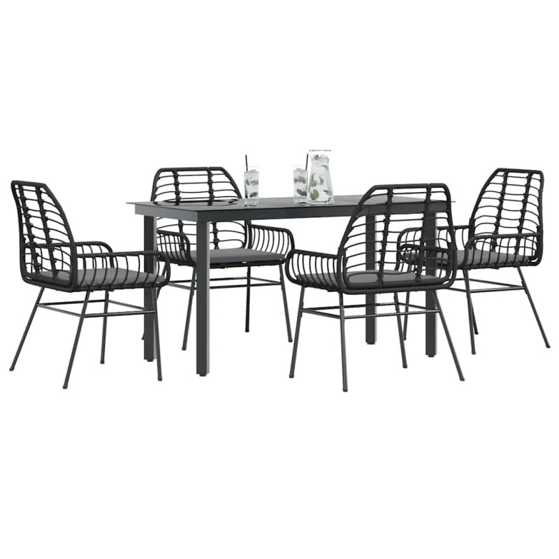 Ensemble à manger de jardin et coussins 5 pcs noir rotin verre 