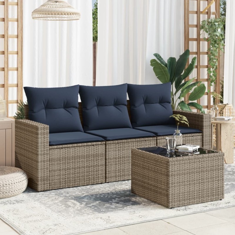 Salon de jardin 4 pcs avec coussins gris résine tressée 