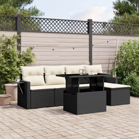 Salon de jardin 6 pcs avec coussins noir résine tressée 