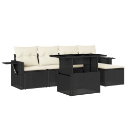 Salon de jardin 6 pcs avec coussins noir résine tressée 