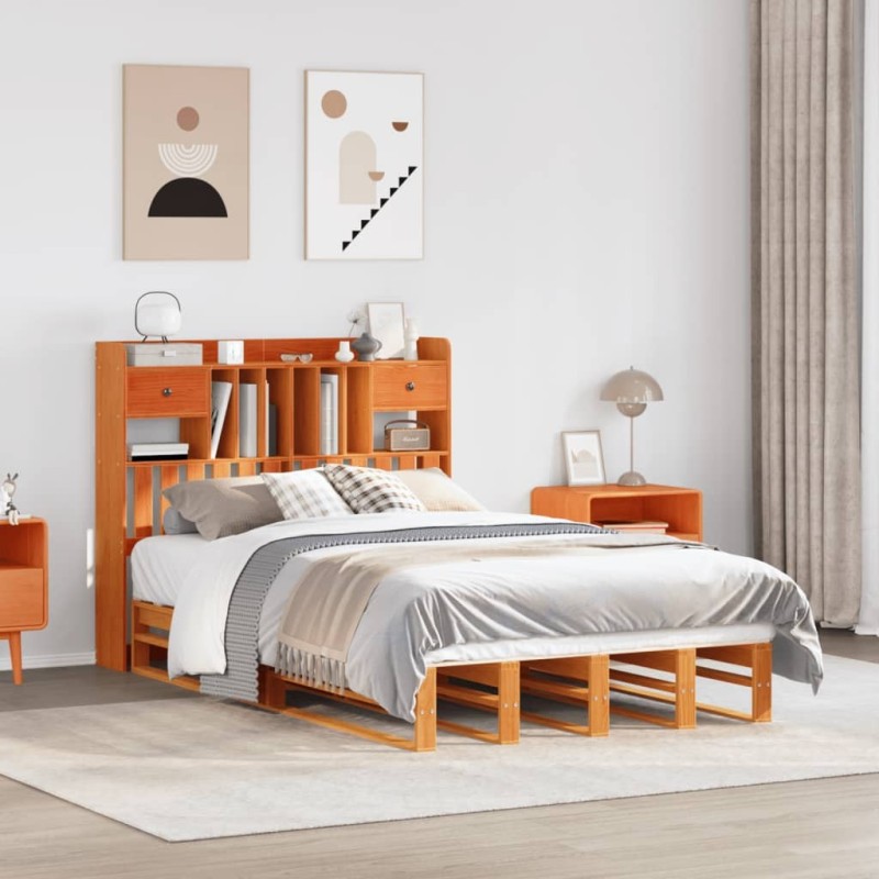Lit bibliothèque sans matelas cire marron 135x190 cm pin massif 