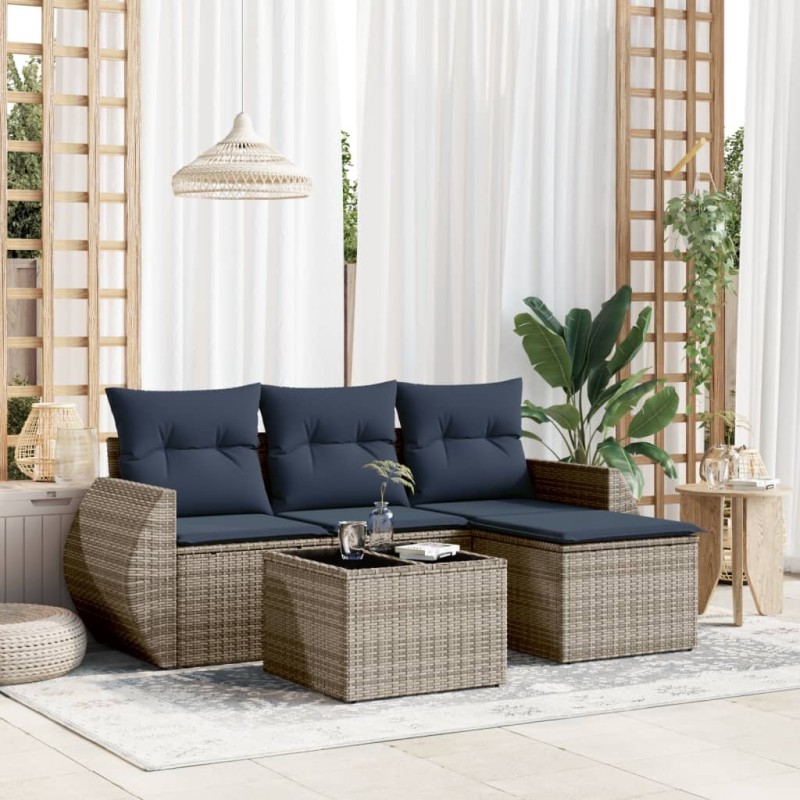 Salon de jardin 5 pcs avec coussins gris résine tressée 