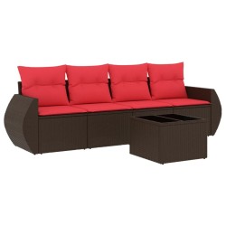 Salon de jardin avec coussins 5 pcs marron résine tressée 