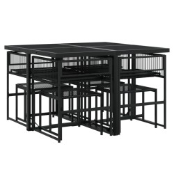 Ensemble à manger de jardin 9pcs coussins noir résine tressée 