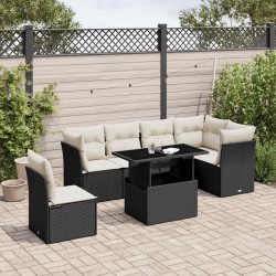Salon de jardin 7 pcs avec coussins noir résine tressée 