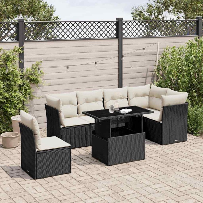 Salon de jardin 7 pcs avec coussins noir résine tressée 
