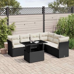 Salon de jardin 7 pcs avec coussins noir résine tressée 