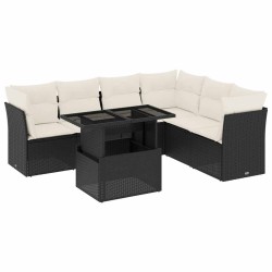 Salon de jardin 7 pcs avec coussins noir résine tressée 