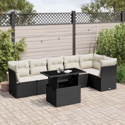Salon de jardin 7 pcs avec coussins noir résine tressée 