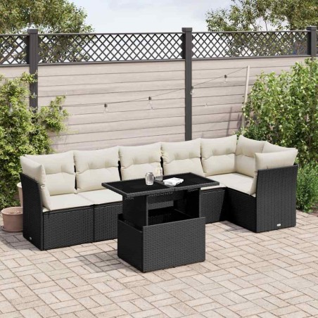 Salon de jardin 7 pcs avec coussins noir résine tressée 