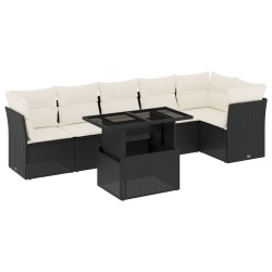 Salon de jardin 7 pcs avec coussins noir résine tressée 
