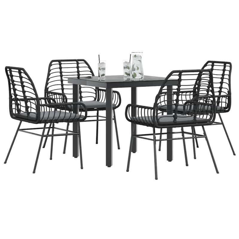 Ensemble à manger de jardin et coussins 5 pcs noir rotin verre 