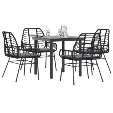 Ensemble à manger de jardin et coussins 5 pcs noir rotin verre 