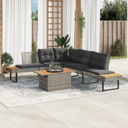 Salon de jardin avec coussins 5 pcs gris résine tressée acacia 