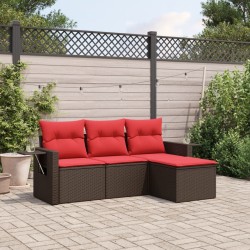 Salon de jardin 4 pcs avec coussins marron résine tressée 