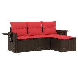 Salon de jardin 4 pcs avec coussins marron résine tressée 