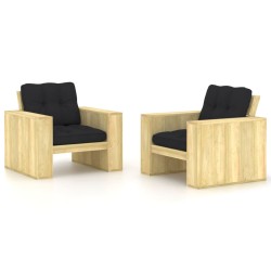Chaises de jardin lot de 2 avec coussins noir Pin imprégné 