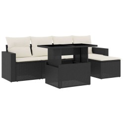 Salon de jardin 6 pcs avec coussins noir résine tressée 