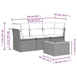 Salon de jardin 4 pcs avec coussins gris résine tressée 