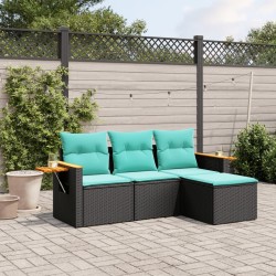 Salon de jardin 4 pcs avec coussins noir résine tressée 