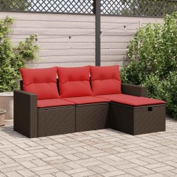 Salon de jardin 4 pcs avec coussins marron résine tressée 