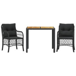 Ensemble de bistro 3 pcs avec coussins noir résine tressée 