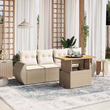 Salon de jardin avec coussins 5 pcs beige résine tressée 