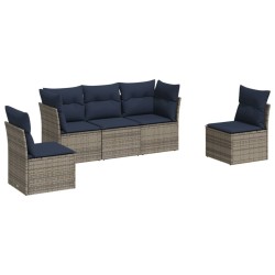 Salon de jardin 5 pcs avec coussins gris résine tressée 