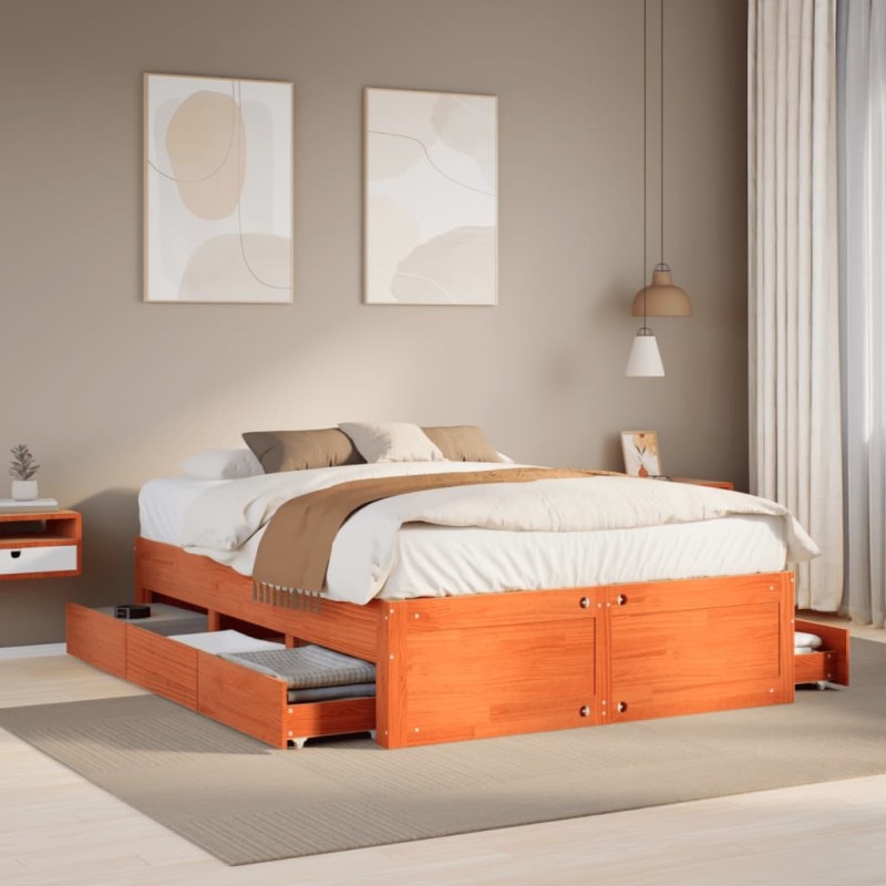 Cadre de lit sans matelas avec tiroirs brun cire 160x200 cm pin 