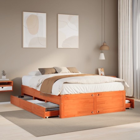 Cadre de lit sans matelas avec tiroirs brun cire 160x200 cm pin 