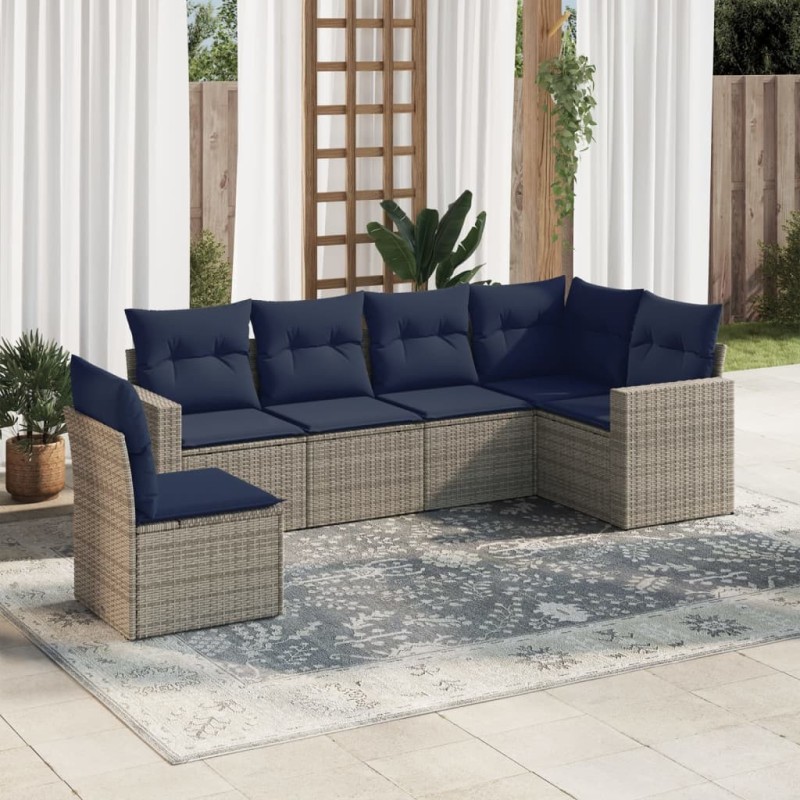 Salon de jardin 6 pcs avec coussins gris résine tressée 