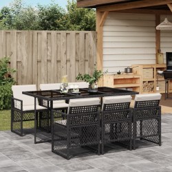 Ensemble à manger de jardin coussins 7 pcs noir résine tressée 