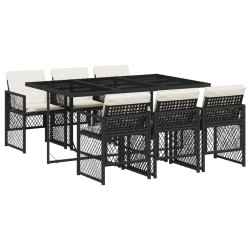 Ensemble à manger de jardin coussins 7 pcs noir résine tressée 