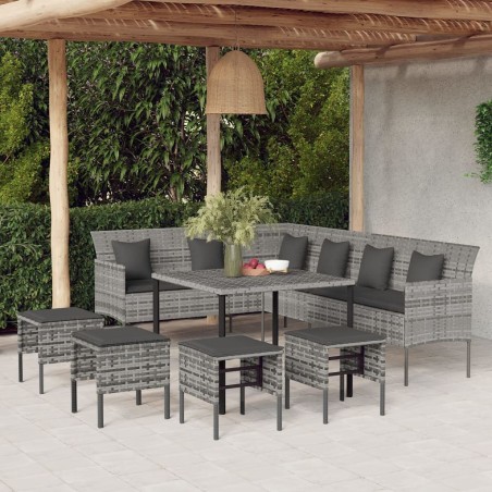 Ensemble à manger jardin 6pcs et coussins gris résine tressée 