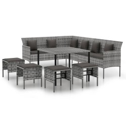 Ensemble à manger jardin 6pcs et coussins gris résine tressée 