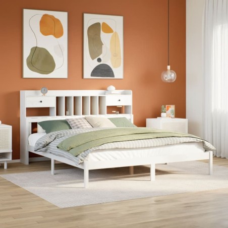 Lit bibliothèque sans matelas blanc 200x200 cm bois pin massif 