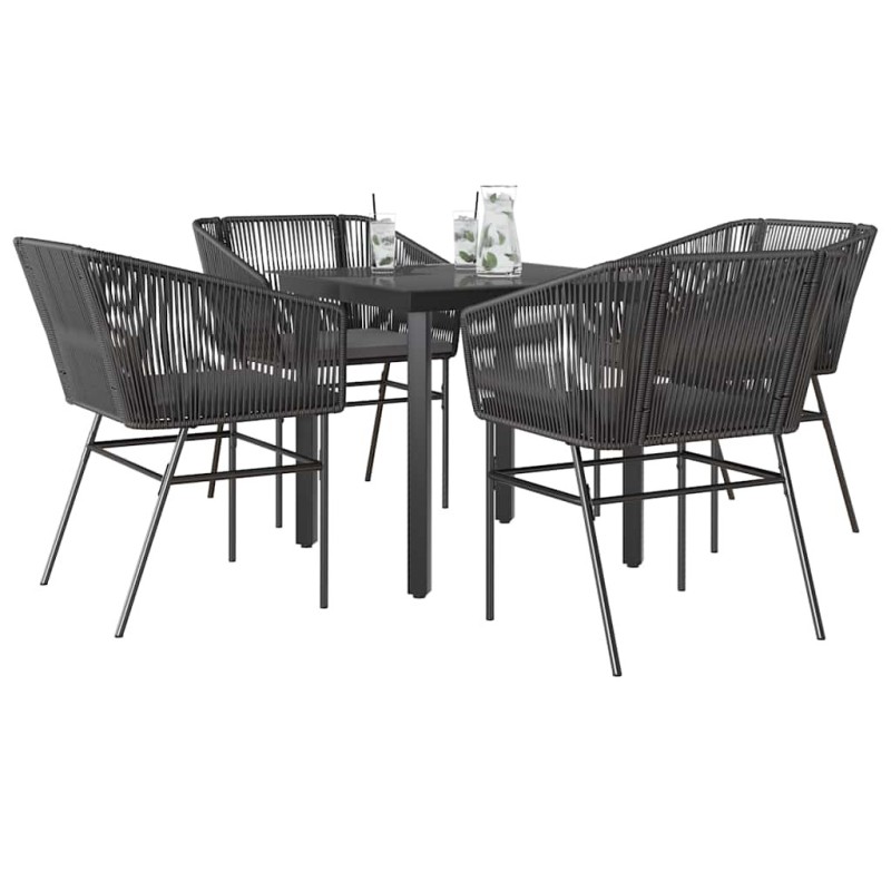 Ensemble à manger de jardin et coussins 5 pcs noir rotin verre 