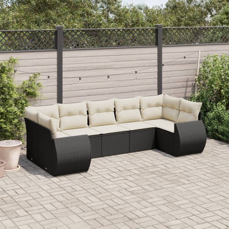 Salon de jardin 7 pcs avec coussins noir résine tressée 
