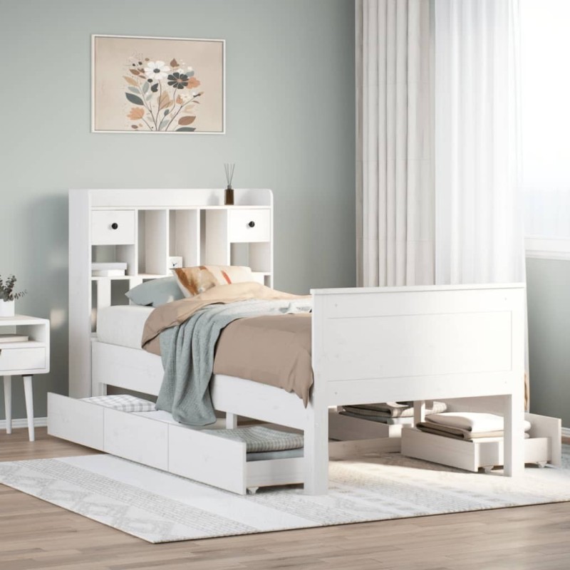 Lit bibliothèque sans matelas blanc 100x200 cm bois pin massif 