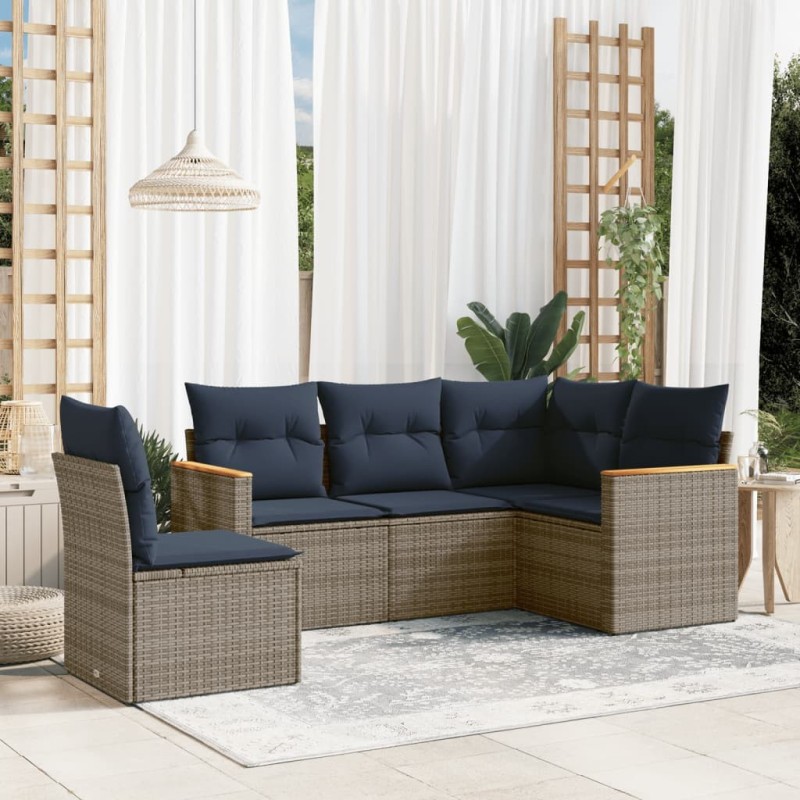 Salon de jardin 5 pcs avec coussins gris résine tressée 