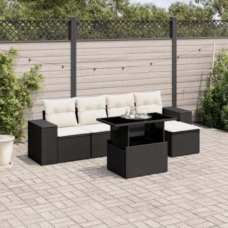 Salon de jardin 6 pcs avec coussins noir résine tressée 