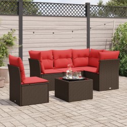 Salon de jardin 6 pcs avec coussins marron résine tressée 