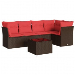 Salon de jardin 6 pcs avec coussins marron résine tressée 