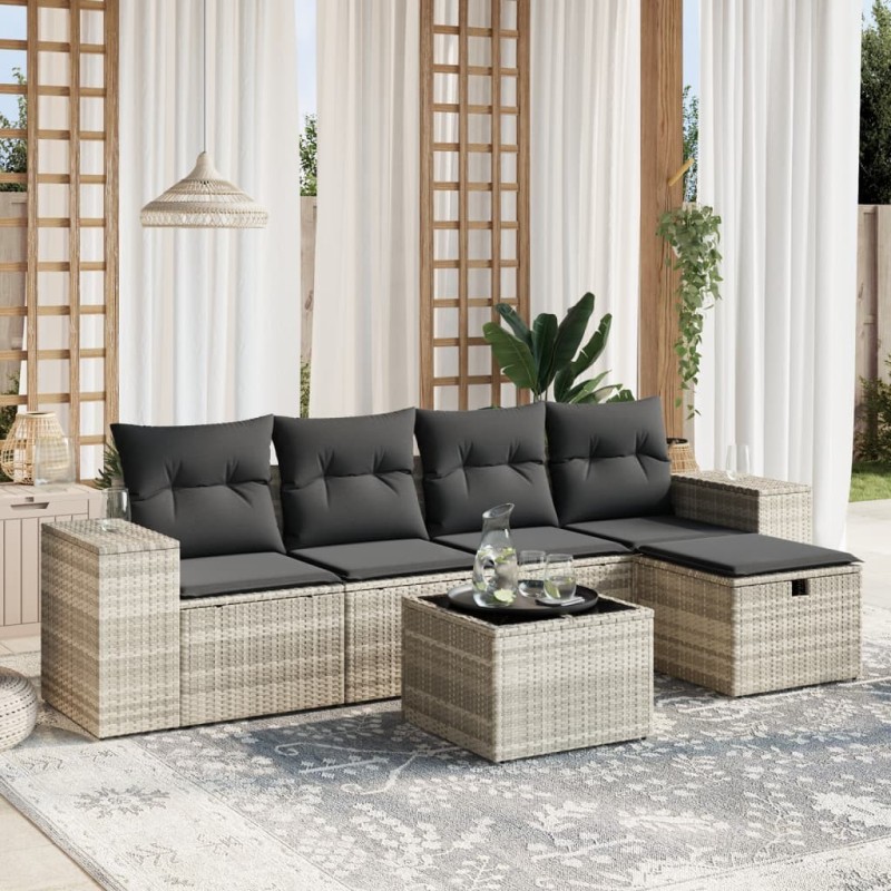 Salon de jardin 6 pcs avec coussins gris clair résine tressée 