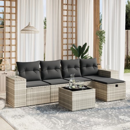 Salon de jardin 6 pcs avec coussins gris clair résine tressée 