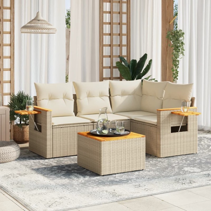 Salon de jardin avec coussins 5 pcs beige résine tressée 